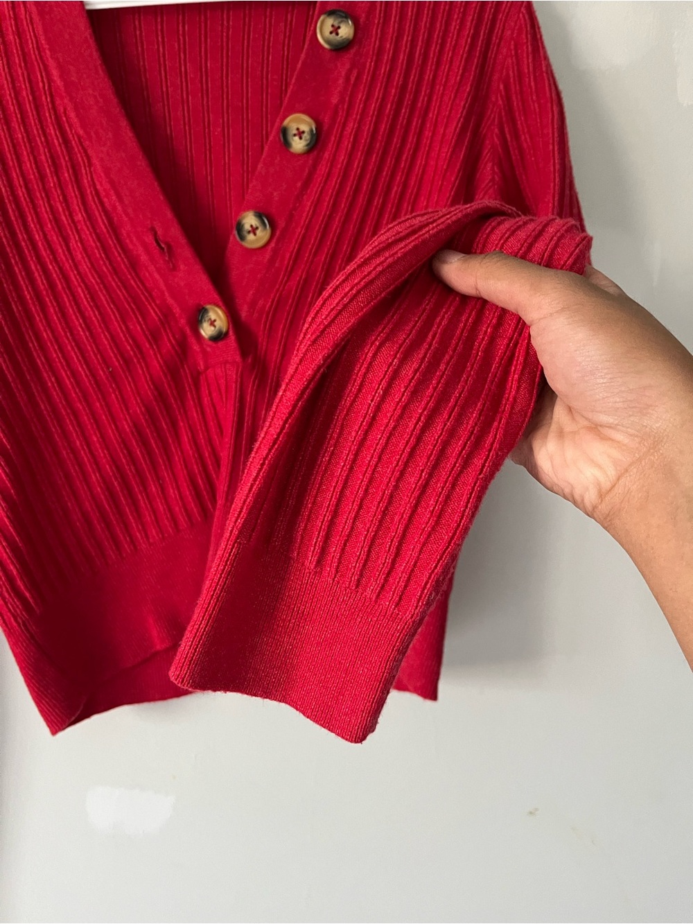 Anthropologie Pilcro Red Ribbed Asymmetric Button-Front V-neck Long Sleeve Top - Picture 6 of 11